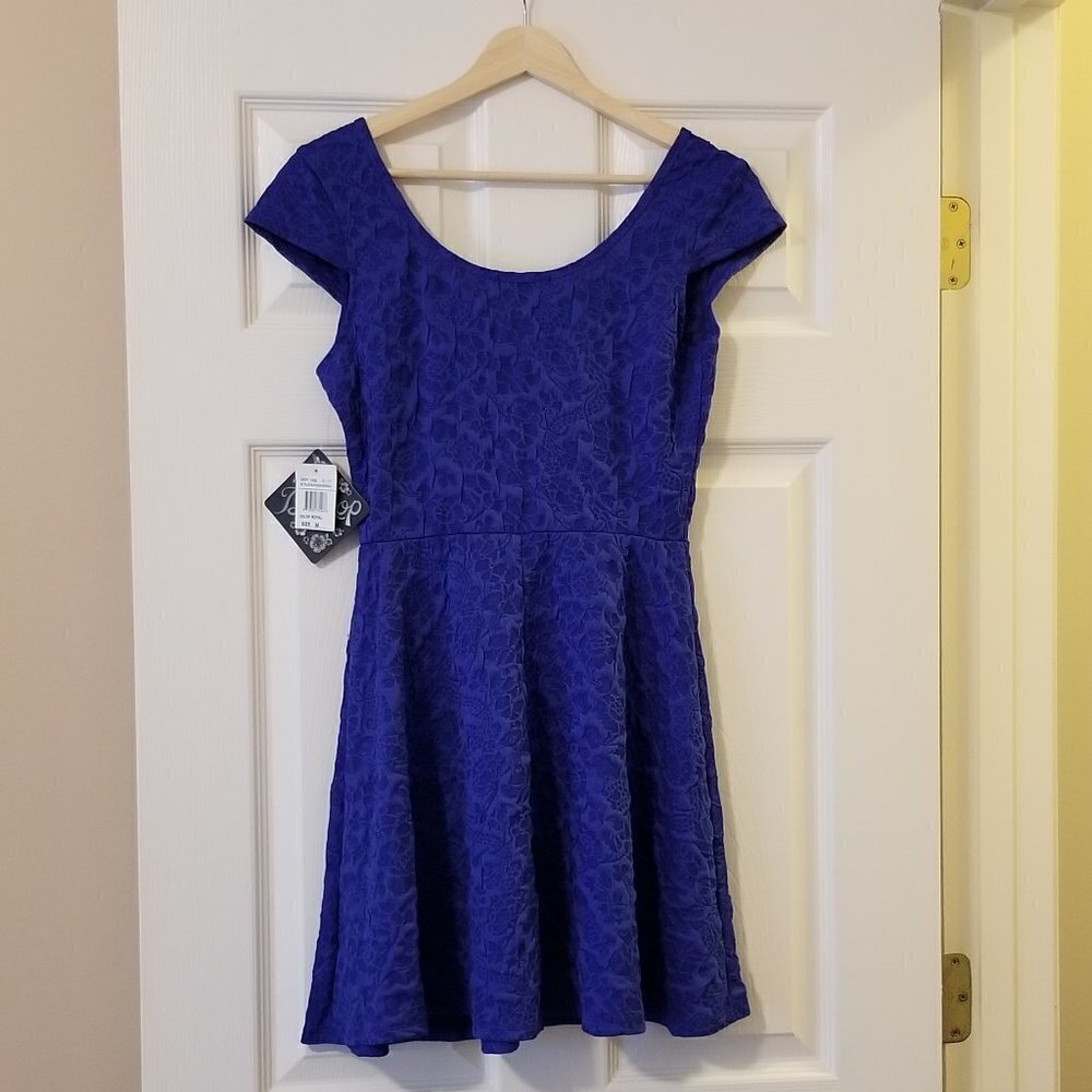 Bebop Blue‎ skater dress embossed floral design